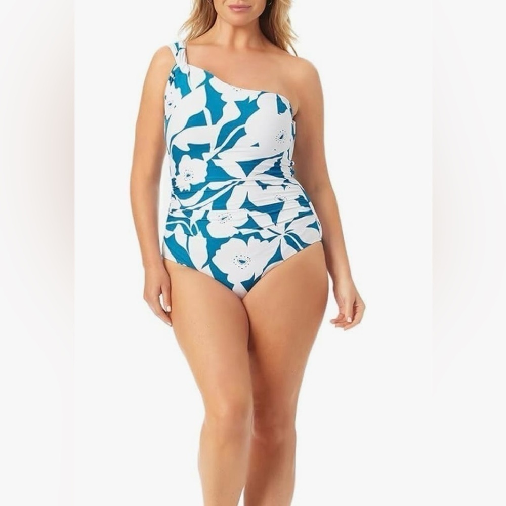 Anne Cole Plus Size One Shoulder Twist One-Piece Teal Print 22W